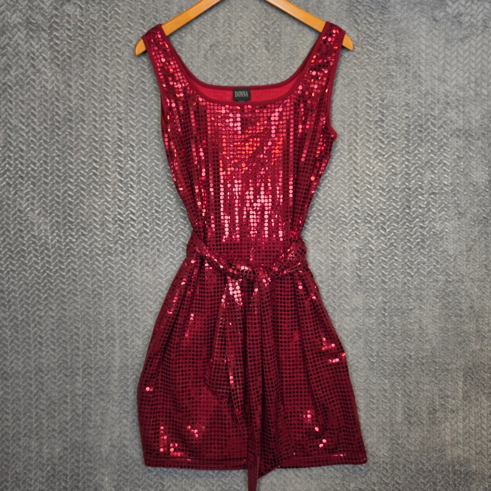 Red Sequin Mini Dress Sleeveless Tie Waist Scoop Neck Party Size Large Donna